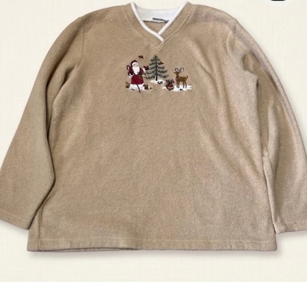 Croft & Barrow Christmas Fleece Pullover Sweater Beige Santa Reindeer Large